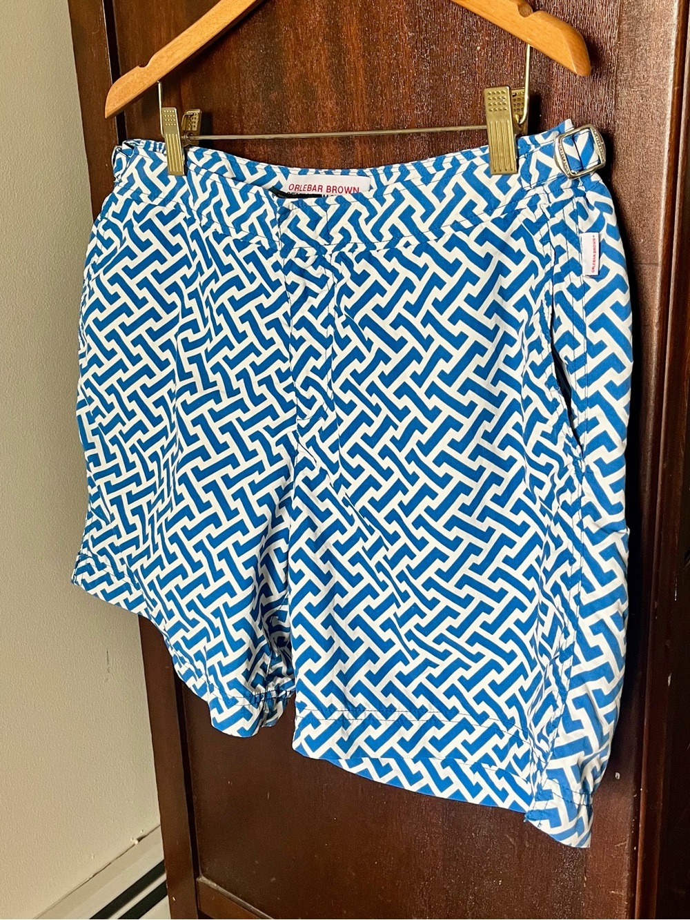 Orlebar Brown Bulldog Swim Shorts Blue White Geometric Print Size 34 - Picture 5 of 16
